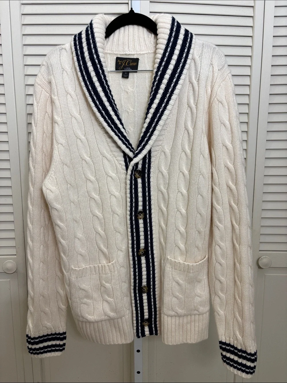 J. Crew Men's Cream Cashmere Cable-Knit Varsity Cardigan Sweater Medium